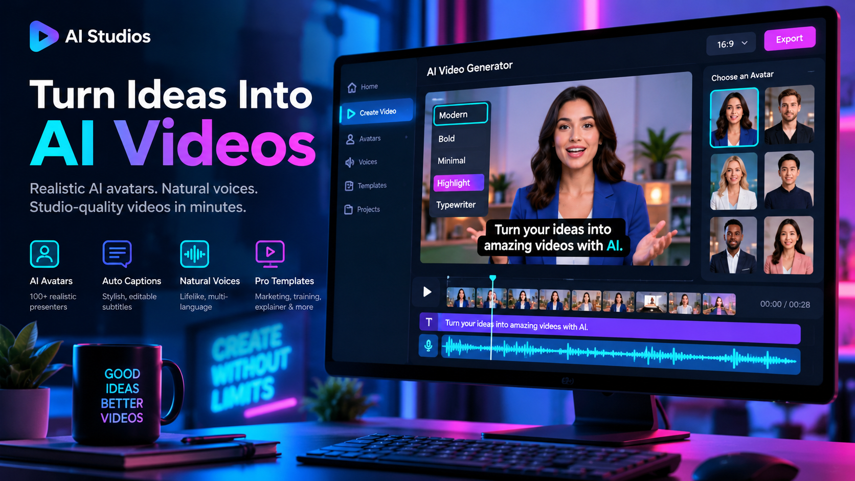 AI avatar video creator concept with multiple presenter avatars